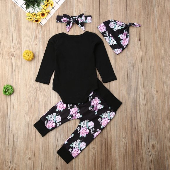 NEW Infant Girls Black Floral Little Sister 4 Pc Outfit - Picture 7 of 7